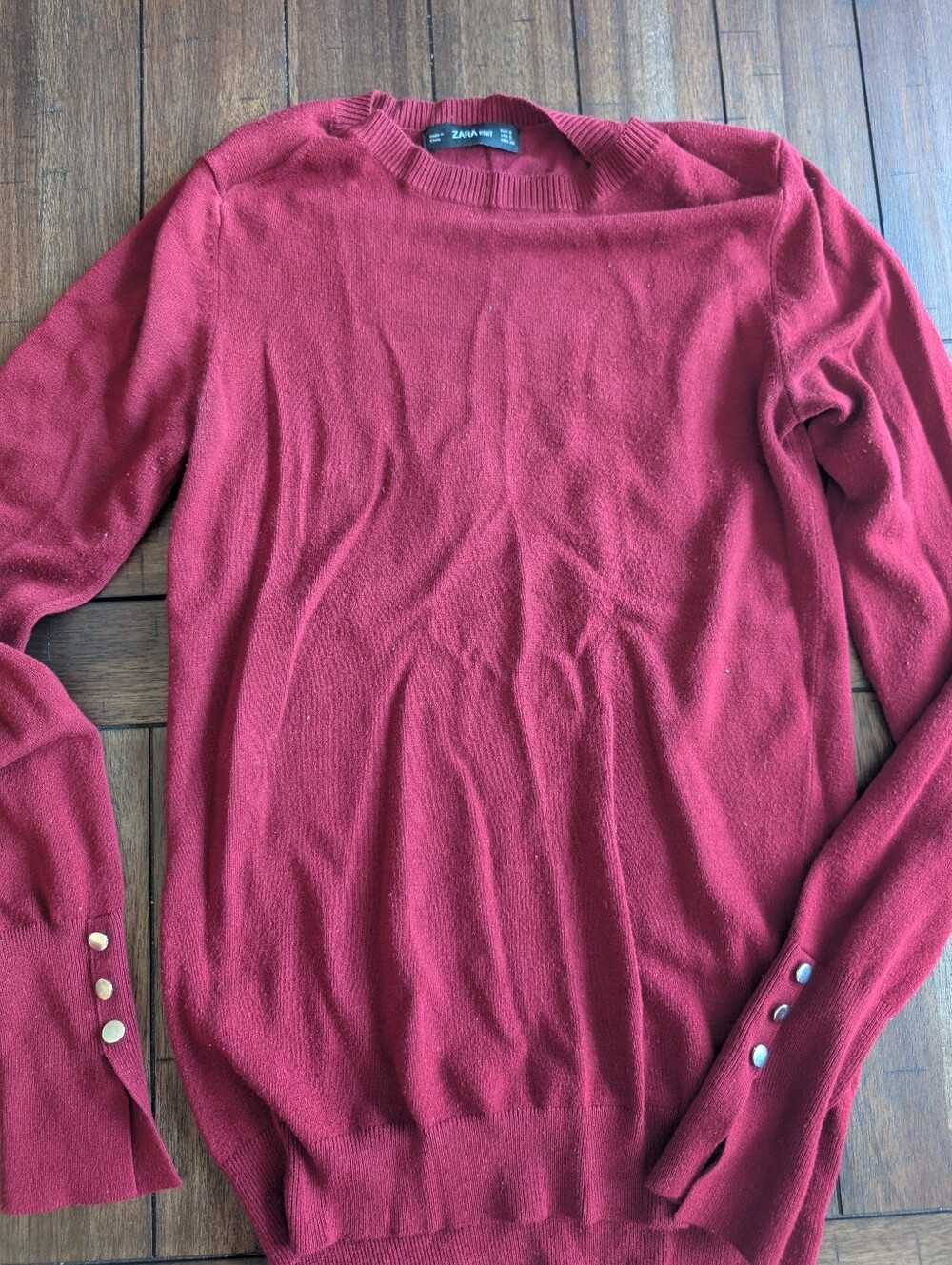 Zara Cranberry Crewneck Sweater with Button Cuff Accents